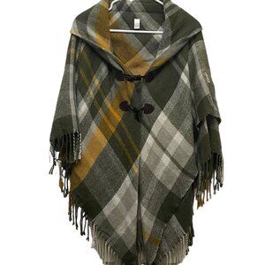 Women's Plaid Pullover Oversized Poncho Green Cream Yellow One Size